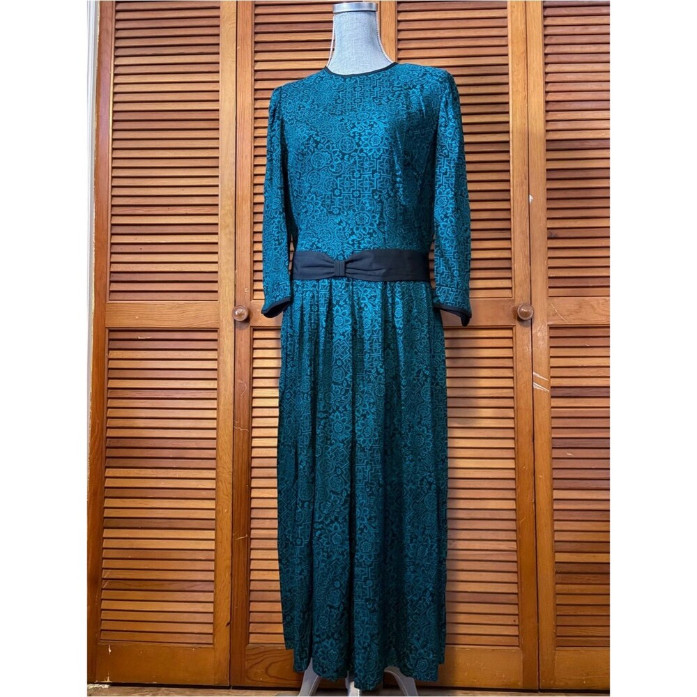 Vintage 80s Dark Teal Lace-Pattern Drop Waist Pleated Dress with Black Waist Bow